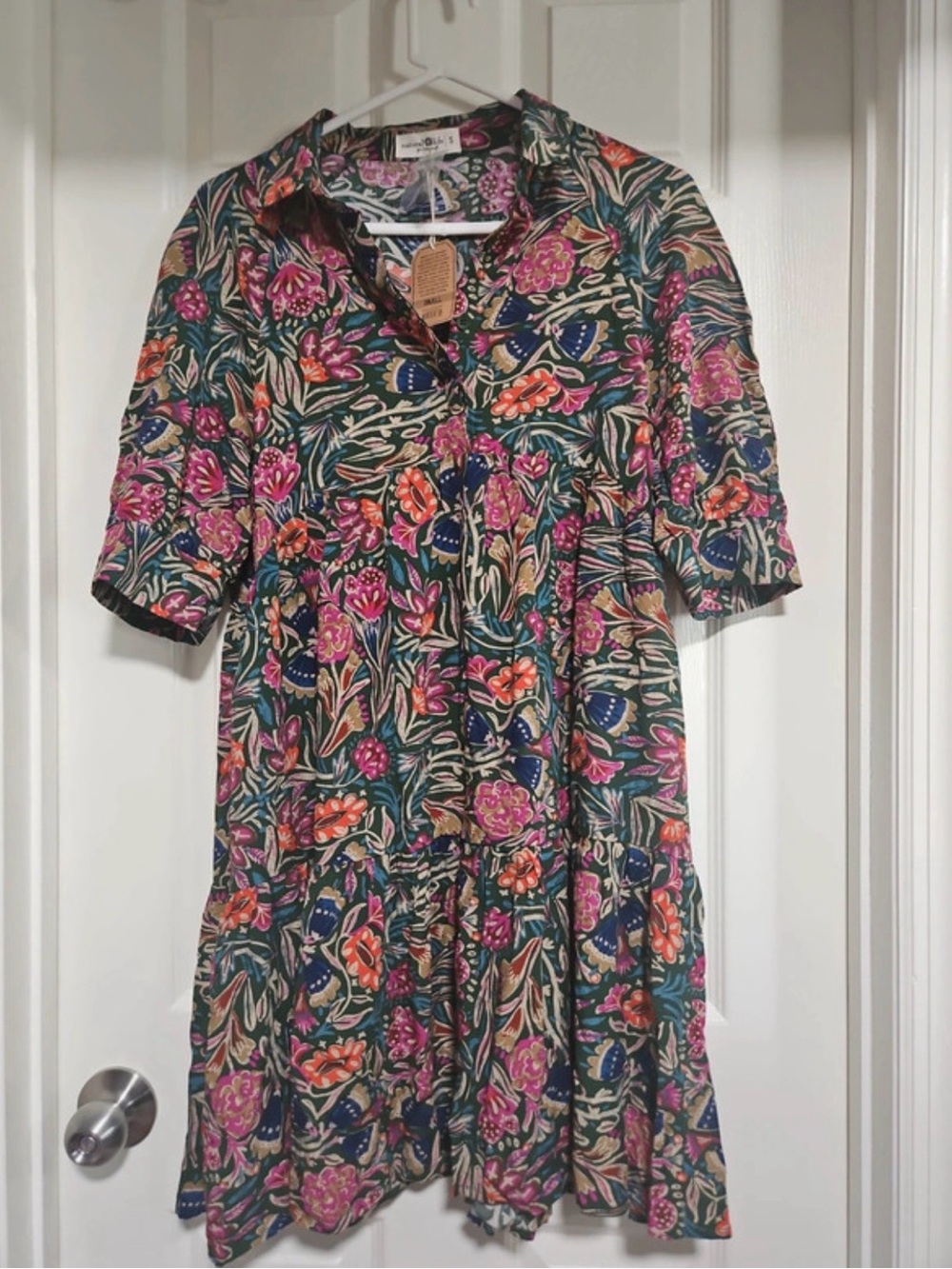 NATURAL LIFE Floral Button-Front Green Midi Dress with Pink & Orange Blooms NWT